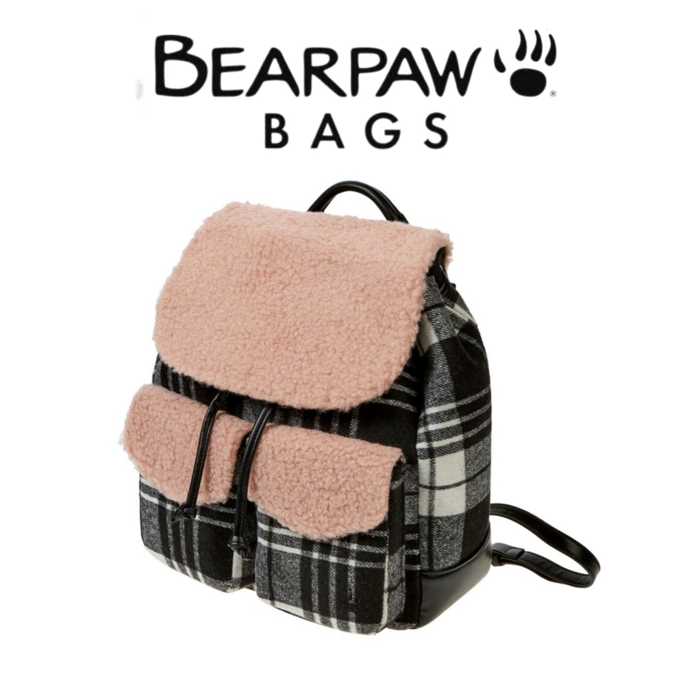 BearPaw pink shearling trim buffalo plaid drawstring backpack mid size bag